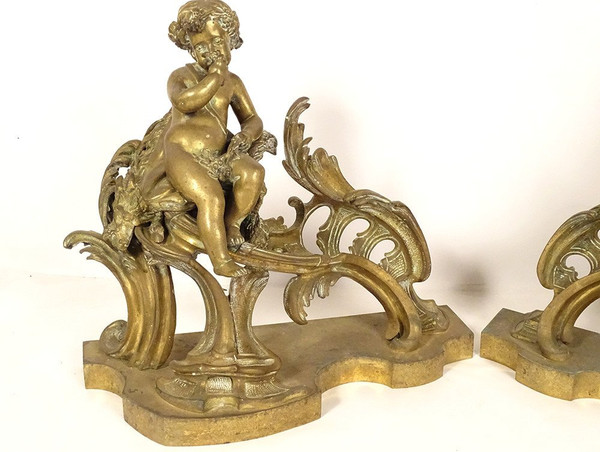 Pair of Louis XV bronze Chenets Cherubim Bacchus Children Napoleon III 19th century