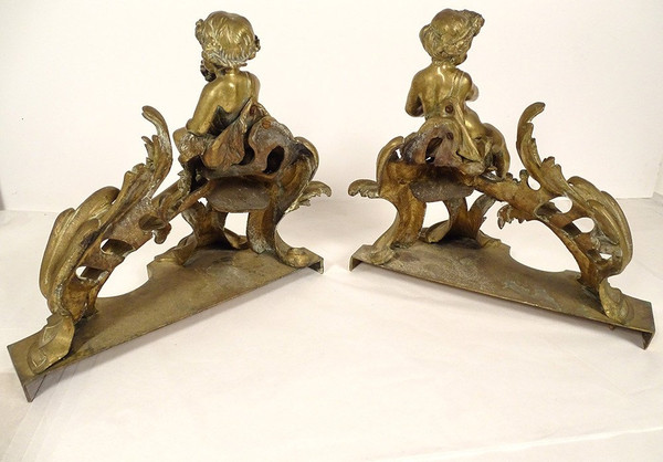 Pair of Louis XV bronze Chenets Cherubim Bacchus Children Napoleon III 19th century