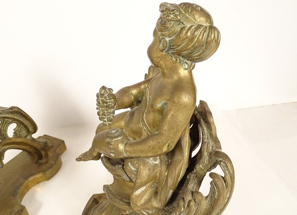 Pair of Louis XV bronze Chenets Cherubim Bacchus Children Napoleon III 19th century