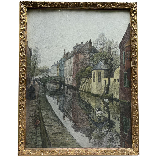 Jules Louis Berteault (xix - Died 1916) - Bruges, A Canal, 1908