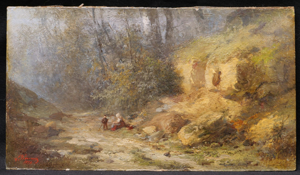 Louis Léon Nicolas VERREAUX, Frau und Kind auf einem Weg im Wald in der Nähe von Boulogne sur Mer