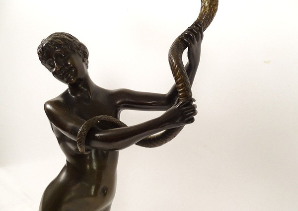 Scultura in bronzo Nudo di donna Eva Serpente Giardino Eden Van Den Bossche XIX secolo