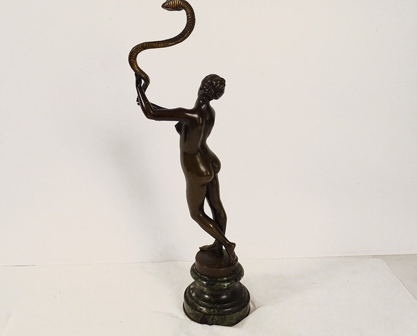 Scultura in bronzo Nudo di donna Eva Serpente Giardino Eden Van Den Bossche XIX secolo