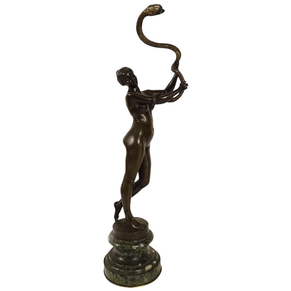 Scultura in bronzo Nudo di donna Eva Serpente Giardino Eden Van Den Bossche XIX secolo