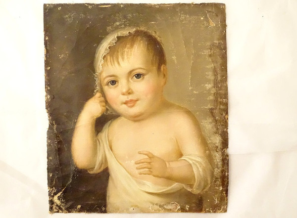 Dipinto HST Ritratto di bambino Cornice dorata stuccata Fine XVIII Inizio XIX