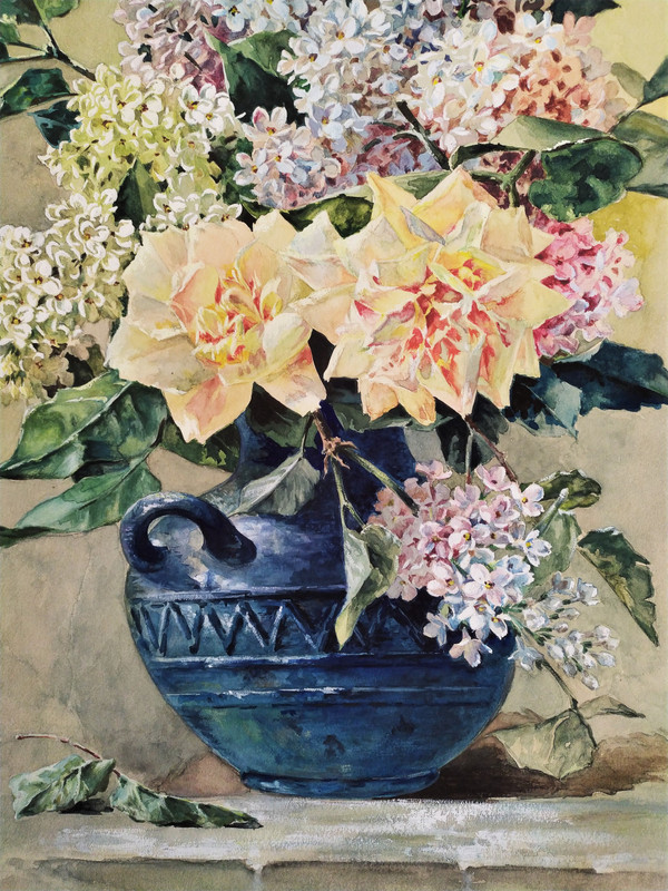  Still Life Flower Lilacs Roses Watercolour Gouache 19th c