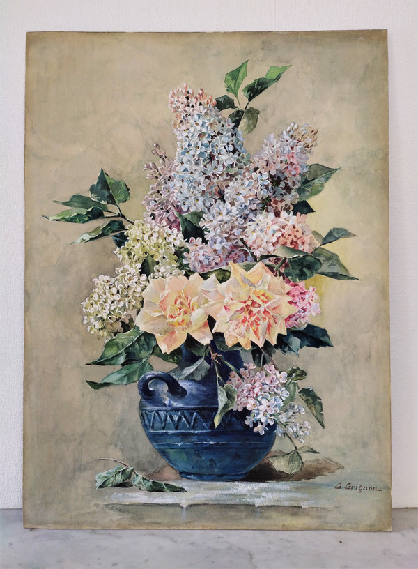  Still Life Flower Lilacs Roses Watercolour Gouache 19th c