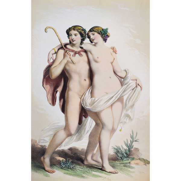 Mythologie Grecque Bacchus Et Ariadne Par Achille Deveria  lithographie aquarellée