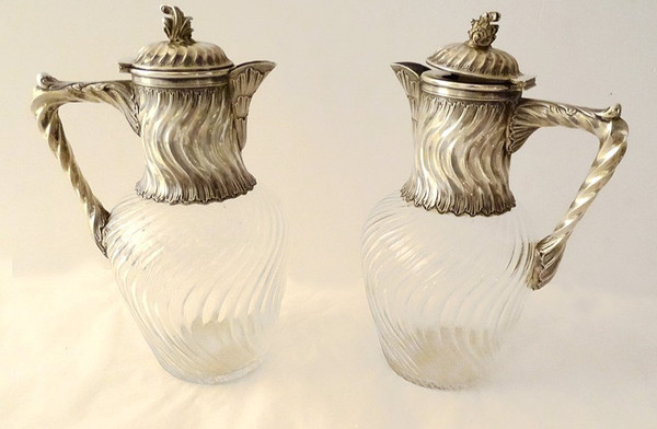 Paire Carafes Cristal Taillé Argent Massif Torsadé Minerve Fin XIXè Siècle