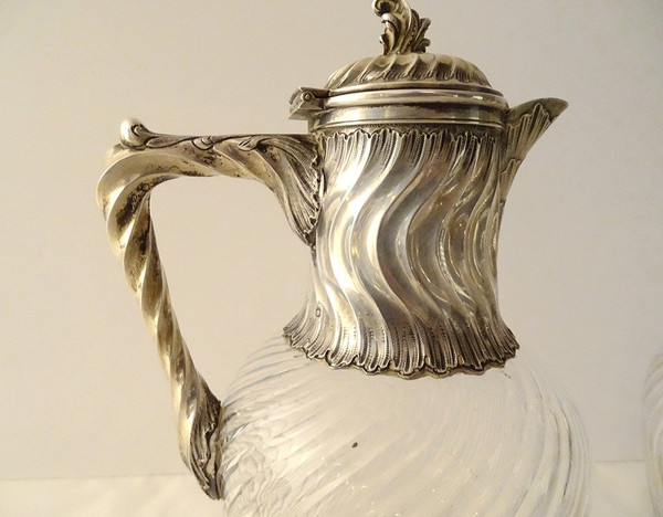 Paire Carafes Cristal Taillé Argent Massif Torsadé Minerve Fin XIXè Siècle