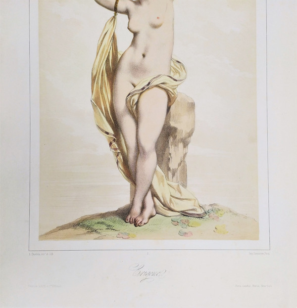 Nude Greek Mythology Erigone Watercolored Lithograph By Devéria Old Print