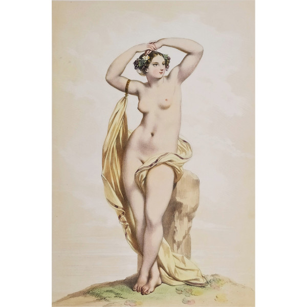 Nude Greek Mythology Erigone Watercolored Lithograph By Devéria Old Print