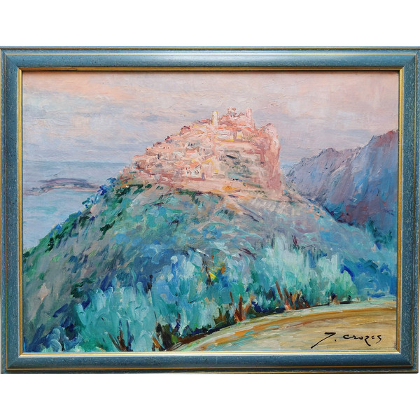 Tableau Huile Sur Toile Paysage Méditerranée Eze-sur-mer Par Jean Crozes 20ème