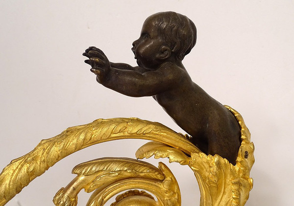 Paire Chenets Louis XVI Bronze Doré Chérubins Enfants Arabesques XVIIIème