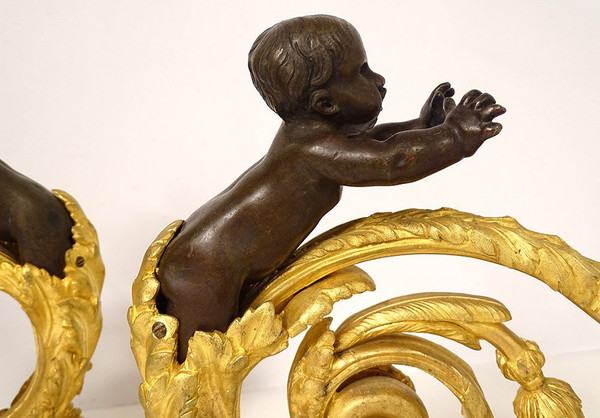 Paire Chenets Louis XVI Bronze Doré Chérubins Enfants Arabesques XVIIIème