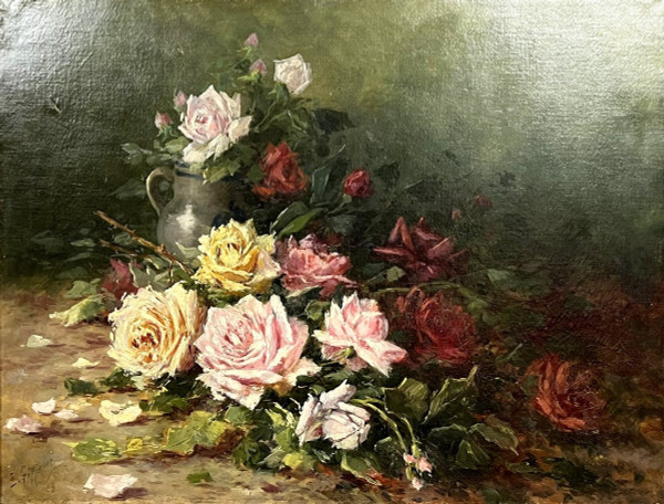 Emile GAUFFRIAUD (1877-1957) : grande huile sur toile nature morte aux roses datée de 1918