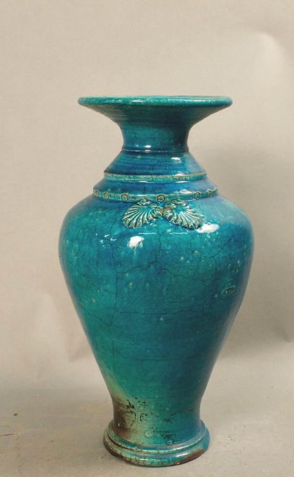 Paire De Vases Chinois En Céramique Craquelée Bleue