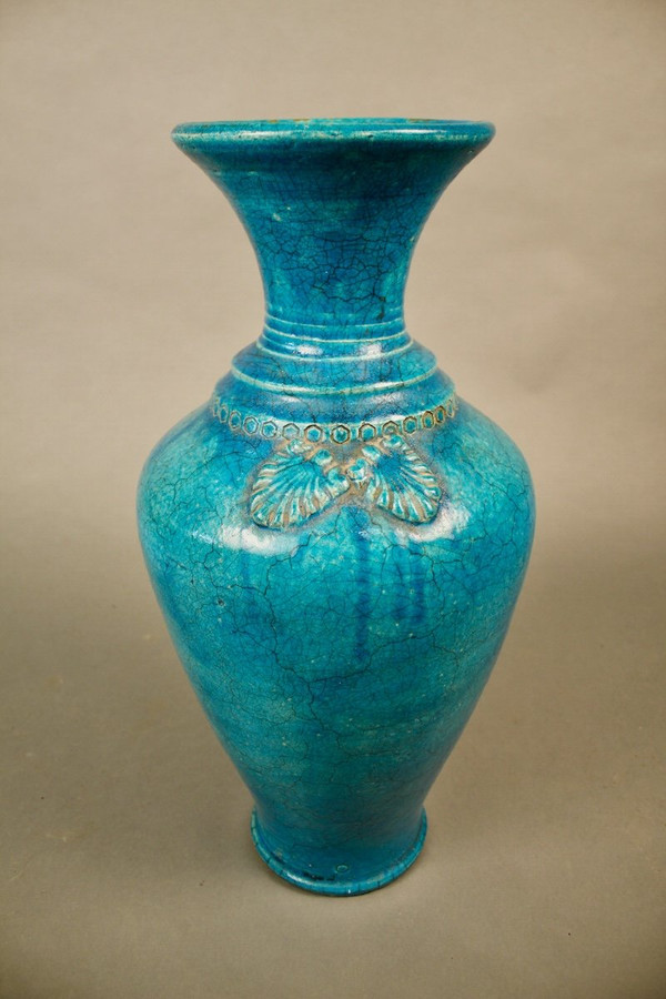 Paire De Vases Chinois En Céramique Craquelée Bleue