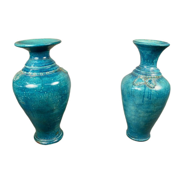 Paire De Vases Chinois En Céramique Craquelée Bleue