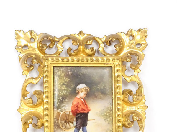 Painting on Porcelain Child Painting Golden Wood Frame Lanfant de Metz 19th