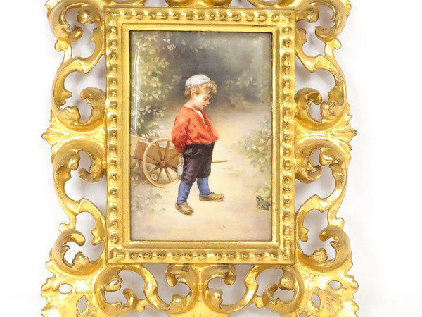 Painting on Porcelain Child Painting Golden Wood Frame Lanfant de Metz 19th