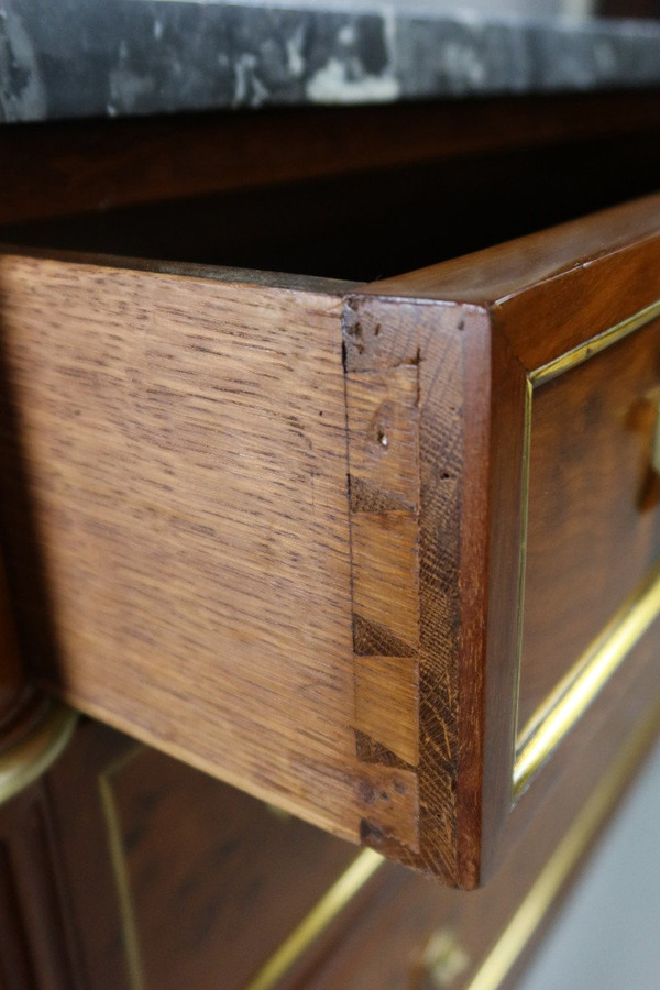 Louis XVI chest of drawers, blond speckled mahogany, grey marble top with white veining