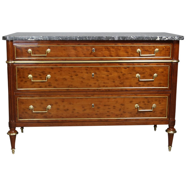 Louis XVI chest of drawers, blond speckled mahogany, grey marble top with white veining