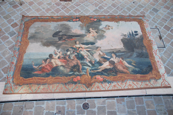 Rare And Large 18th Century Provence Painted Canvas, The Abduction of Europe