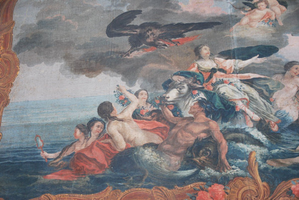 Rare And Large 18th Century Provence Painted Canvas, The Abduction of Europe