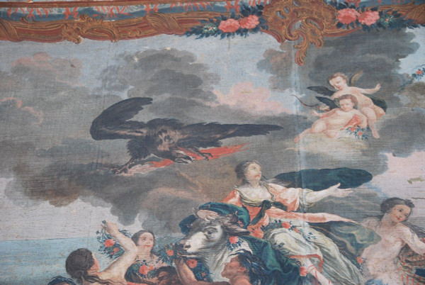 Rare And Large 18th Century Provence Painted Canvas, The Abduction of Europe