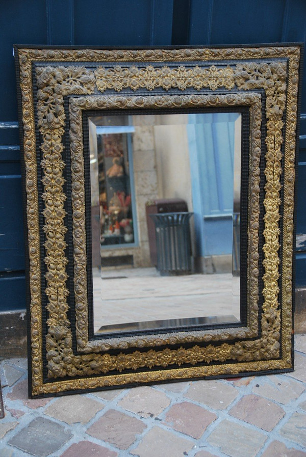 Large Louis XIV Style Mirror In Repoussé Brass