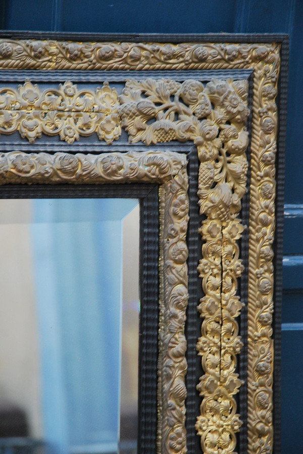 Large Louis XIV Style Mirror In Repoussé Brass