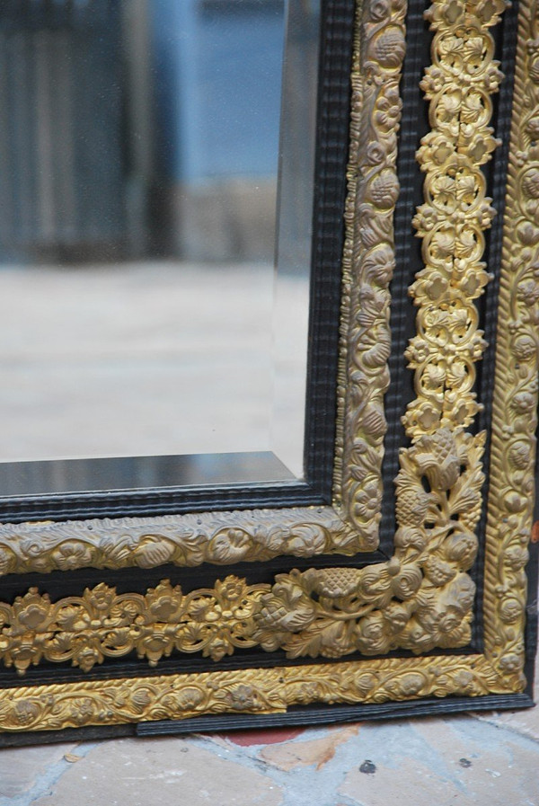 Large Louis XIV Style Mirror In Repoussé Brass