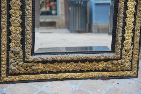 Large Louis XIV Style Mirror In Repoussé Brass