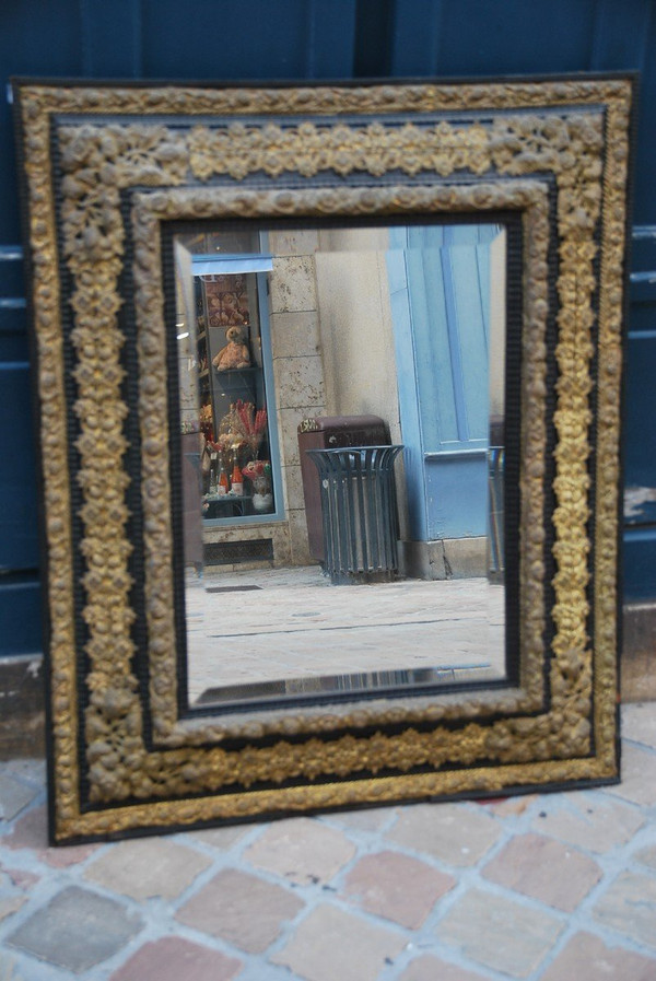 Large Louis XIV Style Mirror In Repoussé Brass