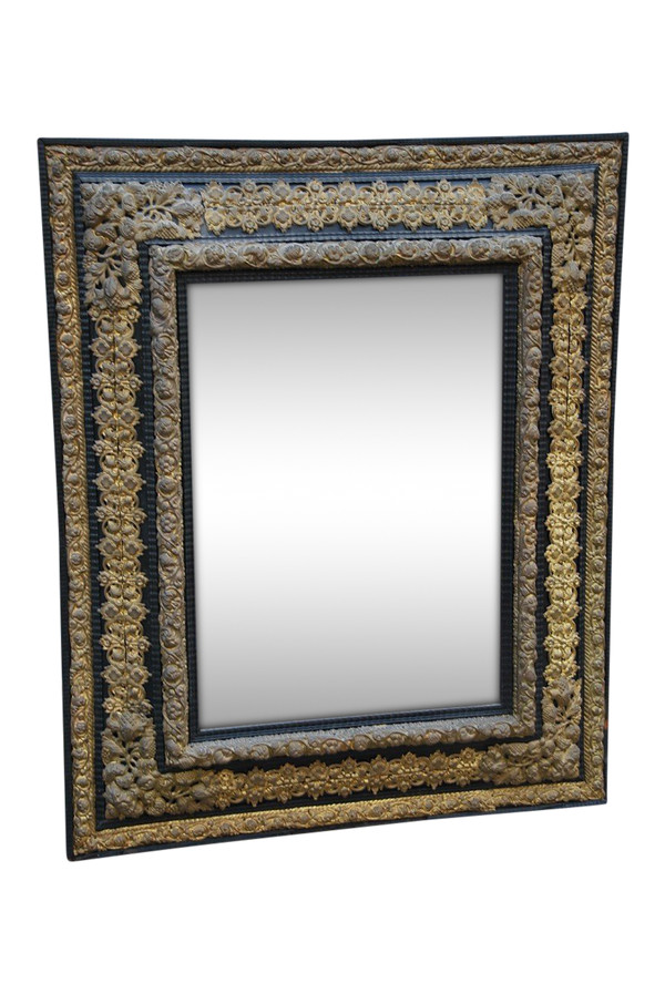 Large Louis XIV Style Mirror In Repoussé Brass