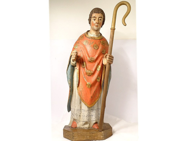 Statue Sculpture Bois Polychrome Saint Breton Crosse Bretagne Fin XVIIème