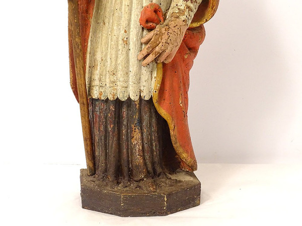 Statue Wood Carved Polychrome Bishop St. Eloi Cross 18th Century