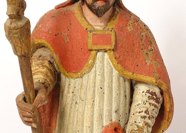 Statue Wood Carved Polychrome Bishop St. Eloi Cross 18th Century