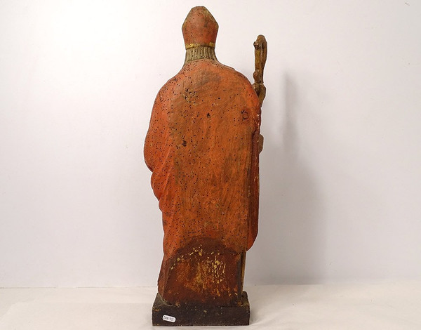 Statue Wood Carved Polychrome Bishop St. Eloi Cross 18th Century