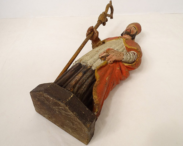 Statue Wood Carved Polychrome Bishop St. Eloi Cross 18th Century