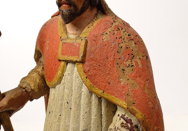 Statue Wood Carved Polychrome Bishop St. Eloi Cross 18th Century