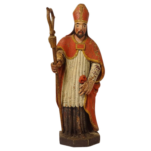 Statue Wood Carved Polychrome Bishop St. Eloi Cross 18th Century