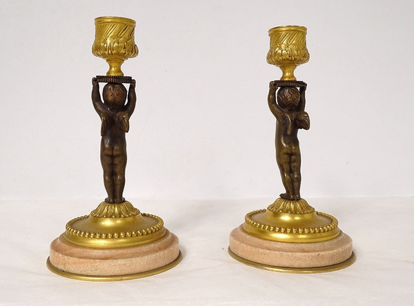 Pair of candlesticks Flambeaux Bronze Marble Angelots Amours Napoléon III 19th century