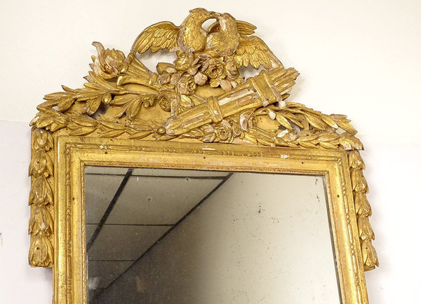 Grand Miroir Louis XVI Bois Sculpté Doré Oiseaux Carquois Flambeau XVIIIè