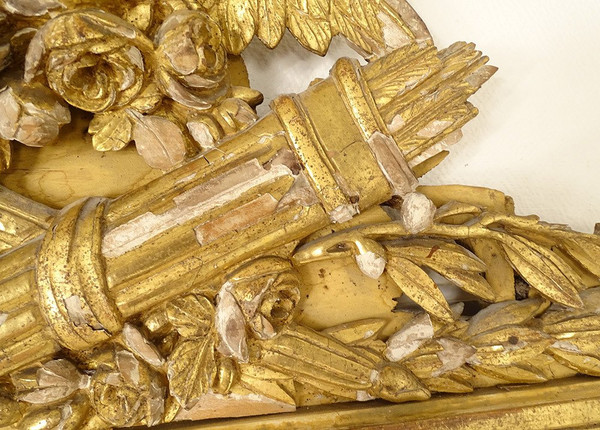 Grand Miroir Louis XVI Bois Sculpté Doré Oiseaux Carquois Flambeau XVIIIè