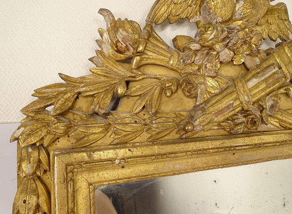 Grand Miroir Louis XVI Bois Sculpté Doré Oiseaux Carquois Flambeau XVIIIè