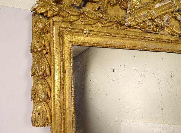 Grand Miroir Louis XVI Bois Sculpté Doré Oiseaux Carquois Flambeau XVIIIè