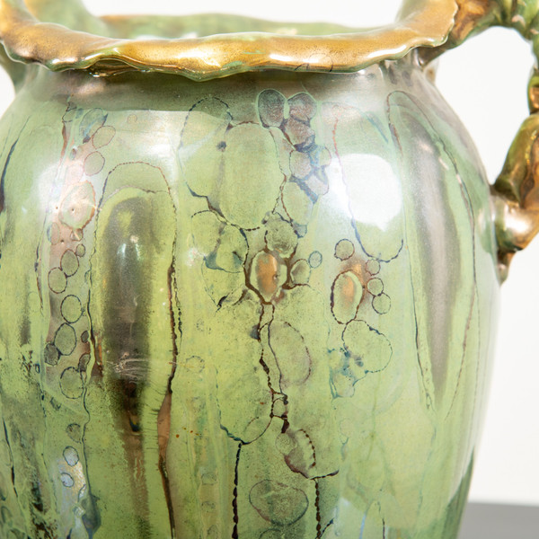 Green and gold enamelled ceramic pitcher, Louis Auguste Dage circa 1950.