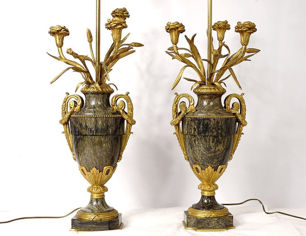 Paire Vases Balustre Lampes Marbre Bronze Doré Fleurs Napoléon III XIXème